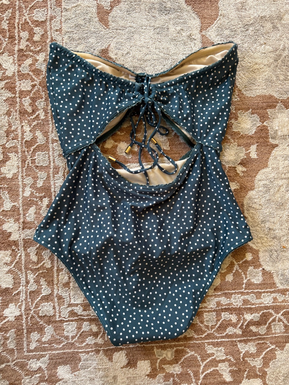 PEONY One-Piece Swimsuit Green Strapless Cutout Ruched Polka Dot sz 12 - Picture 7 of 10